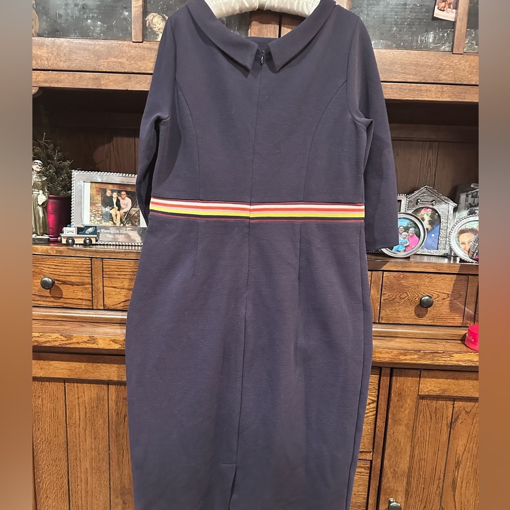 BODEN 🌼 Daisy Ottoman Rainbow Stripe Navy Blue Knit Sheath Dress Womens Sz 18L - Picture 7 of 12